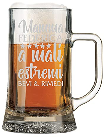 Boccale da Birra Mamma con Incisione Personalizzabile Festa della Mamma A mali estremi bevi & rimedi - Bicchiere in vetro 50 cl