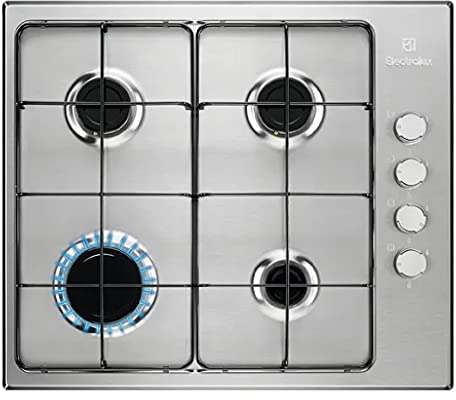 Electrolux KGS6404SX Placa de Gas, Serie 300, 60 cm, 4 Zonas de Cocción, 9 Niveles de Intensidad, Sistema de Seguridad, Autoencendido Electrónico, 3000W, Inox Antihuellas