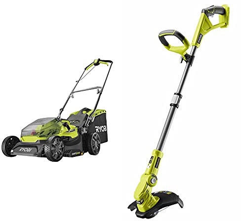 Ryobi RY18LM37A-140 18V ONE+ Cordless 37cm Lawnmower Starter Kit (1 x 4.0Ah) Amazon Exclusive & OLT1832 18V ONE+ Cordless Grass Trimmer Only, 25-30cm, Hyper Green
