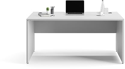 furni24 Schreibtisch fürs Arbeitszimmer und Home Office - Großer laminierter Computertisch aus Holz, 2 Kabeldurchlässe und mit verstellbarem Metall kabelkanal-Nuvi (Grau, Kabelkanal 180x80x75 cm)