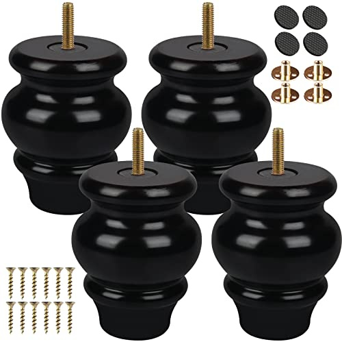 TCHOSUZ 4 inch / 9cm Wooden Furniture Legs, Pack of 4 Classic Black Solid Wood Turned DIY Replacement Bun Feet with M8 Hanger Bolts & T-Nuts for Sofa Couch Ottoman Cabinet Table Riser
