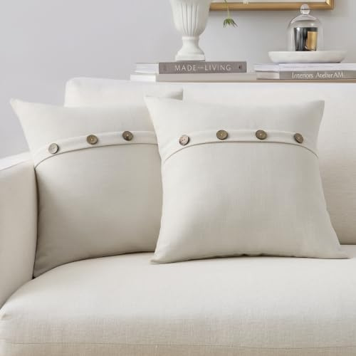 Meekio 2er Set Elfenbein Quadratische Kissenbezüge 16x16 Farmhouse Boho Kissenbezüge mit Kokosnussknöpfen für Sofa Couch Wohnzimmer Schlafzimmer Bauernhaus Dekor für Zuhause