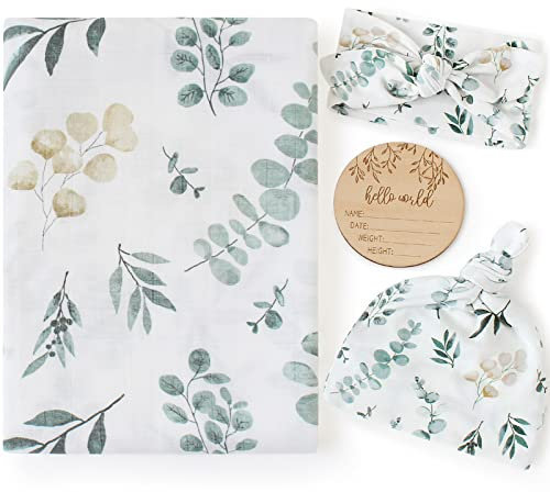 LifeTree Neugeborenes Swaddle Set mit passendem Hut und Stirnband Schleife, Holz Geburt Ankündigungskarte, Musselin Baby Swaddle Decken für Jungen & Mädchen, Eukalyptus Muster