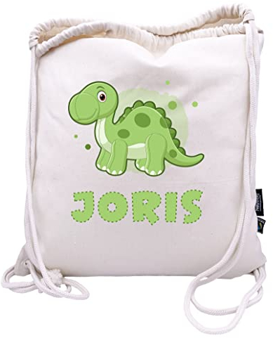 Turnbeutel mit Namen personalisiert & Bedruckt | Motiv grüner Dinosaurier | Stoffbeutel Schuhbeutel Sportbeutel Wäschebeutel Rucksack für Kinder Jungen & Mädchen | Dino 4 Brachiosaurus
