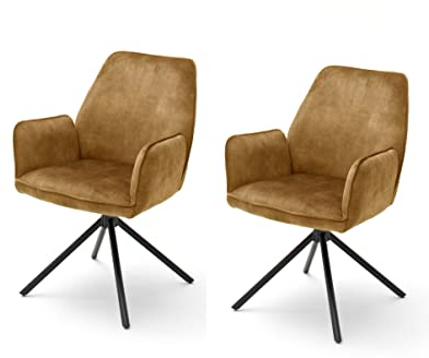 Robas Lund Esszimmerstühle 2er-Set mit Armlehne, Stuhl Belastbar bis 120 kg, Stoffbezug Vintage Veloursoptik Curry