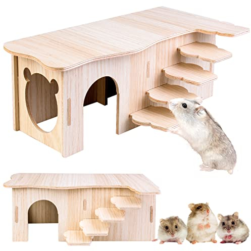 Vegena Hamster Eckhaus - Holz Hamsterhaus mit Treppen, Hamster Haus Holz Hamster Versteck Käfig Dekor Zubehör für Rennmäuse, Degus, Stachelmäuse, Zwerghamster (27 * 15 * 10.5cm)