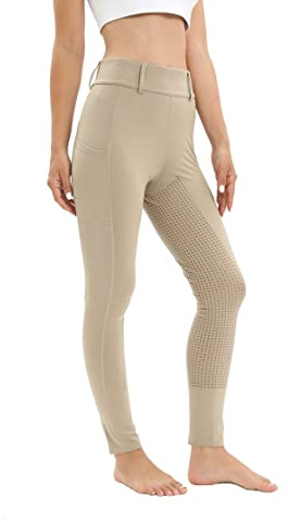 Reitleggings Damen Vollbesatz mit Handytasche, High Waist Reithose Damen Mädchen Stretch mit Gürtelschlaufen