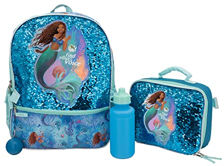 Disney The Little Mermaid Movie 4-teiliges Rucksack-Set, Flip Pailletten Schultasche für Mädchen mit Fronttasche mit Reißverschluss, isolierte Lunchbox, Wasserflasche und Quetschball baumeln