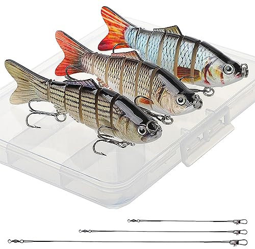 Realure 3 Pcs Multi Jointed Pike Fishing Lures with 15cm 23cm 30cm Wire Traces Pike Lures Sets 3D Artificial Lures with Hooks Slow Sinking Lure with Wobbler for Freshwater Saltwater (G, 10.2cm 14g)