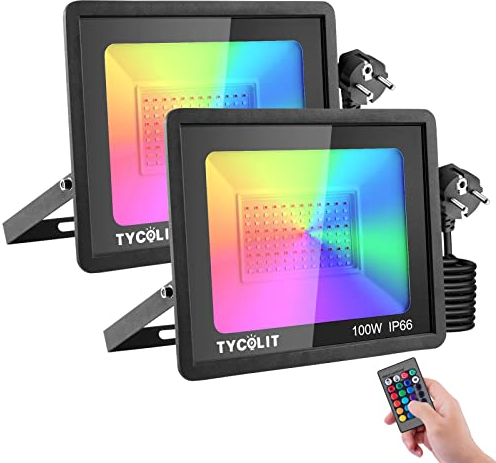 Foco LED RGB Exterior 100W,Foco Proyector con Control Remoto & Enchufe,16 Colores & 4 Modos Función Memoria Foco Proyector Exteriores,Impermeable IP66 Focos Luz LED para Jardín Terraz Partido