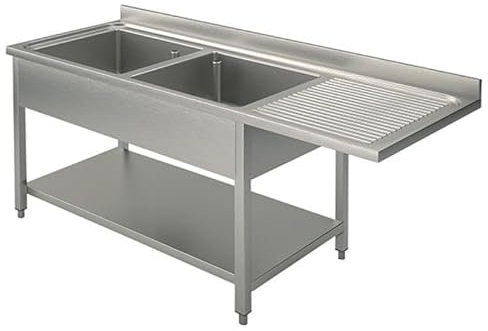 GastroHero Spülzentrum 160x60 cm I Edelstahl Spültisch mit 2 Ausgussbecken Links I Gastro Spüle Edelstahl mit Grundboden I Spültisch Edelstahl
