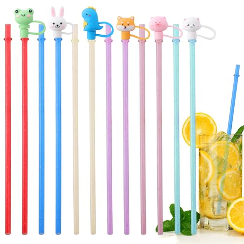 12 Pcs Plastic Straws, 11 Inch Reusable Colored Straws Drinking, Glitter Sparkle Drinking Straw with 6 Cartoon Straw Stopper and 2 Cleaning Brush, BPA-Free, Replacement Straw for Beverages (6 Colors)