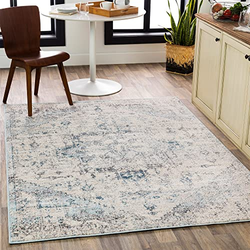 Livabliss Tampa Vintage Teppich groß - Orientalischer Teppich Wohnzimmer 120x170 cm, Esszimmer, Schlafzimmer - Boho Kurzflor Teppiche für einfache Pflege - Blau und Creme