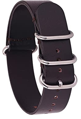 BONOOL Lederarmband für Herren und Damen, silberfarben, schwarz, Ringschnalle, Armband, Bandzubehör, 14 mm, 16, 18 mm, 20 mm, 22 mm, 24 mm, passend für NATO, passend für Zulu-Uhrenarmband