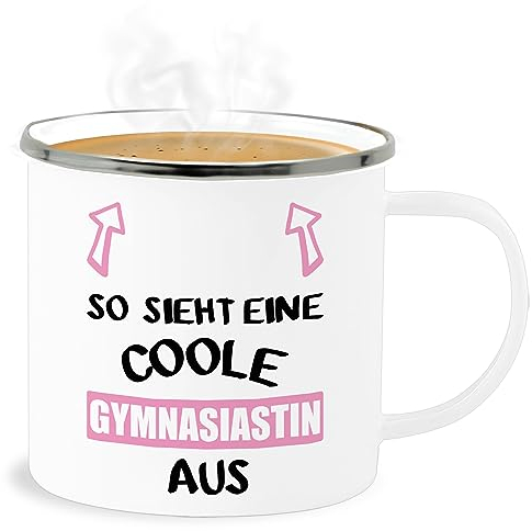 Emaille Becher Blechbecher - Einschulung Geschenk Tasse Schulanfang - So sieht eine coole Gymnasiastin aus - 300 ml - Weiß Silber - schulanfangsgeschenke gymi tassen schulkind gymnasium