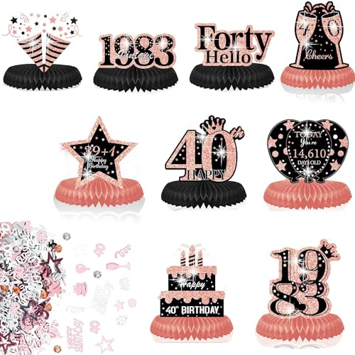 ERBO 40. Geburtstag Tischdeko Frauen Rosegold Schwarz, 9 Stk Bienenwabe Mittelstück Tischdeko Geburtstag und 15g Streudeko Konfetti für 40 Geburtstag Frau Deko 40 Jahrestag Party