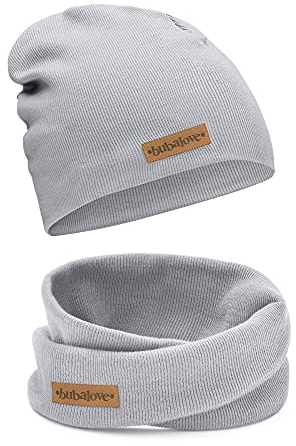Bubalove Mützen und Schals für Jungen, Mädchen, Babys, Größen 1 Jahr bis 8 Jahre+ viele Farben, Baumwolle Kinderset Mütze und Schornstein, Baumwollmützen, (grau, 8+ Jahre (50-56 cm))
