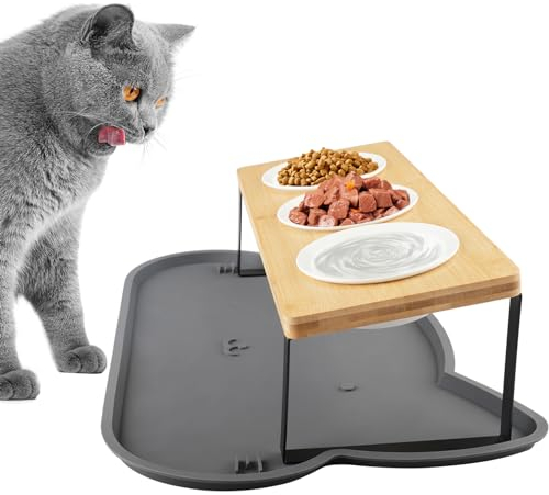 Gamelle Chat Surélevée, Mezzar 3 Bols pour Chat en Céramique avec Support 15° Incliné Gamelle Surélevée avec Support Tapis pour Chats et Petits Chiens