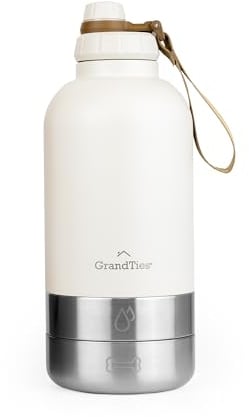 GrandTies Insulated Portable Water Bottle with 2 Detachable Dog Bowl Dispenser | Leak-Proof Food Travel Container | Walking, Hiking, Camping (64oz, Ivory White)