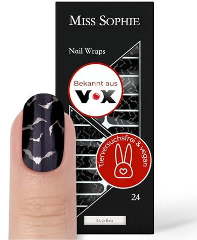Original Miss Sophie Nagelfolien Halloween I 24 ultra-dünne Nagellack-Streifen mit Muster Black Bats I Für Finger- & Fußnägel I Hält auf Natur- sowie lackierten, Acryl-, Gel- & Shellac-Nägeln