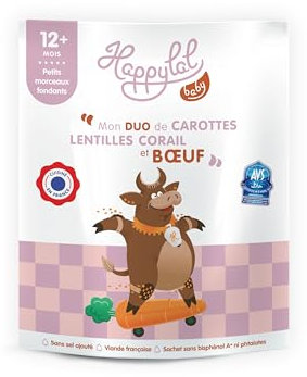 Happylal Baby Repas Halal Bébé 12 mois | Duo de Carottes, Lentilles Corail, Bœuf | Petits pots Certifiés Halal | Diversification alimentaire bébé | Fabriqué en France | Lot 10 x 220g