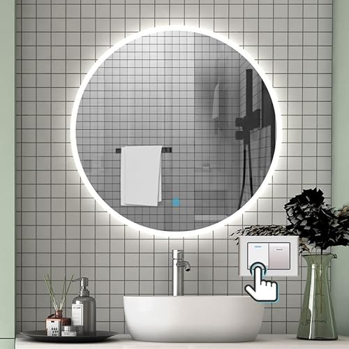 Aica Sanitär LED Spiegel Rund 70 cm Kalt/Neutral/Warmweiß, dimmbar, Memory Funktion, Wandschalter/Touch-Schalter Beschlagfrei LED Spiegel Wandspiegel mit Auto-Abschaltung