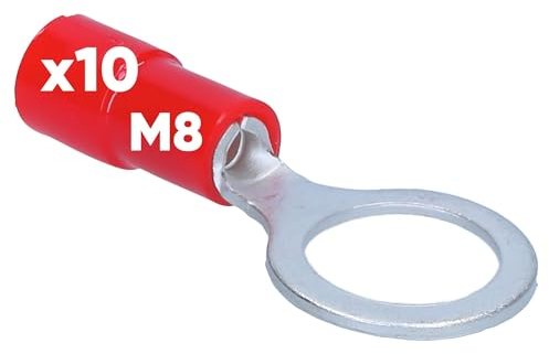 Kalitec RKSRM8 - 10 capicorda ad anello, 0,5 – 1 mm², parzialmente isolato, M8, rosso, rame, colletto, PVC, per il collegamento di cavi o fili, capicorda I connettori per cavi proteggono i