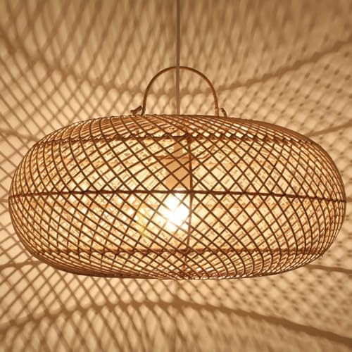 Casa Moro Rattan-Lampe ESRA M Ø 50cm oval aus Natur Rattan & Eisen handgefertigte Pendelleuchte Boho Chic Hängelampe in Natur Beige | LP002-M