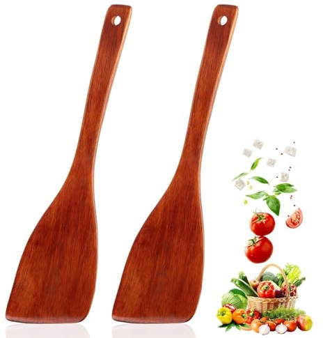KWJEIULSOQ Juego de 2 espátulas de madera para cocinar, espátula de cocina de madera premium con mango largo, de madera maciza, ideal para sartén/wok con revestimiento antiadherente