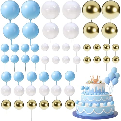 Mualady 54Pcs Cake Toppers Ball, Blue Gold Ball Cake Decorations, Mini Blue Balloon for Cupcakes, Cake Topper Ballons for Wedding Birthday Party Cake DIY (Blue, White, Gold)