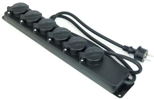 GLT 1 x Paccs 6-Fach Gummi Mehrfachsteckdose schwarz Steckdosenleiste, Steckplätze 45 Grad gedreht, Kabel 1,4m, Außenbereich/Outdoor/Baustellen IP44 - H07RN-F 3x1,5 mm²