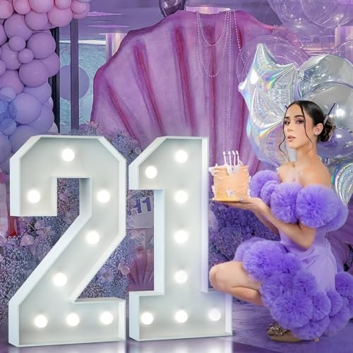 21st Birthday Decorations for Her Him: 3FT Large Light Up Numbers Big Marquee Number for 12th 21st Birthday Anniversary Party Decor Light Up Balloons Cardboard Mosaic Balloon Arch Stand Pre-cut Foam