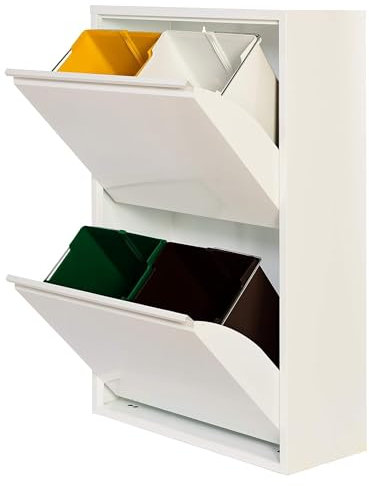 WELL HOME - Cubo de basura y reciclaje Metálico de 4 compartimentos, 4x17L (68L) Blanco mate