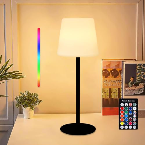 BUOAZR Lampada da Tavolo Senza Fili, Lampada da Tavolo LED, Lampada da Comodino Ricaricabile, Altezza Regolabile, RGB 16 Colori Lampada Dimmerabile, per Camera, Ufficio, Bar, Ristoranti