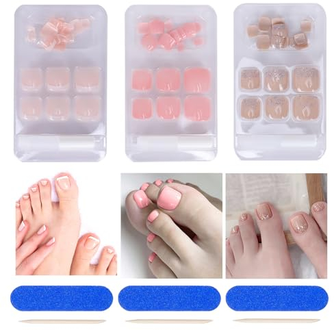 72Pcs French Tip False Toenails with Glue, Stick on Toenails, Natural Press on Toenails, Nude Glitter Short False Nails, Pink Series Summer Fake Toe Nails for Women Toenail Decorations