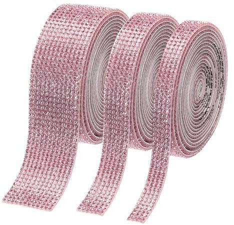 QUARKZMAN Bandes de Strass Autocollantes avec Strass de 2 mm 2,2 Yards Autocollant Décoratif DIY pour l'Artisanat, Décorations de Fête de Voiture de Téléphone, 3 Rouleaux (Rose Clair)