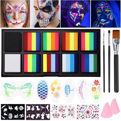 Janolia Pintacaras Infantil, 34 Colores UV Fluorescente Pinturas Cara para Niños con 3 Pinceles, Pintura Cara Niños Hipoalergenica, Neon Pintura Facial y Corporal Seguridad Halloween Fiesta Carnaval