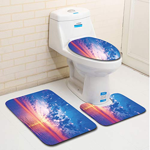 Bad Teppiche Set 3-Teiliges Blauorange Wolken WC Vorleger Mit Ausschnitt Badematte Saugfähig WC Deckelbezug Badvorleger rutschfest Waschbar Toilettensitzbezug Badgarnitur (45x75cm)
