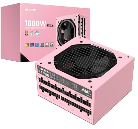 Vetroo 1000W Pink Power Supply ATX 3.0 Ready Dual PCIe 5.0, 80 Plus Gold Full Modular, Japanese 105°C Capacitors, Eco Mode with 120mm FDB Fan, Compact Size, 10 Year After-Sales Service