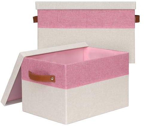 BinWhiz Fabric Storage Bins with Lids, 15x11x9.5 Inch Collapsible Organizer Baskets for Shelves, Closets, Storage Rooms, Home Decor, 2 Pack, Pink & Beige