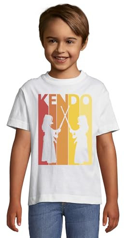 Retro Poster Style Kendo Martial Arts Graphic Crew Neck Kids T-Shirt White, weiß, XL