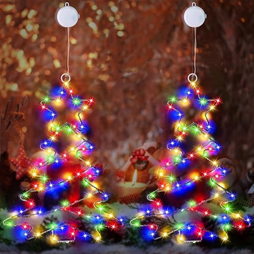 Qulist 2 Pack Metal Framed Christmas Tree Shaped Window Lights with Suction Cups, Multicolor LEDs, Auto Timer, Indoor/Outdoor Use
