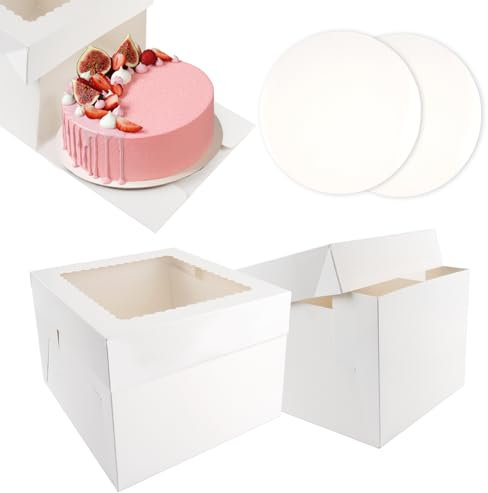 Tortenbox Set, 2 Stück Tortenkarton, mit Tortenplatte, 25.4x25.4x20.3cm Cake Box, Tortenbox Karton, Tortentransportbox, Torten Karton Box, für Kuchen, Gebäck usw.(Weiße)