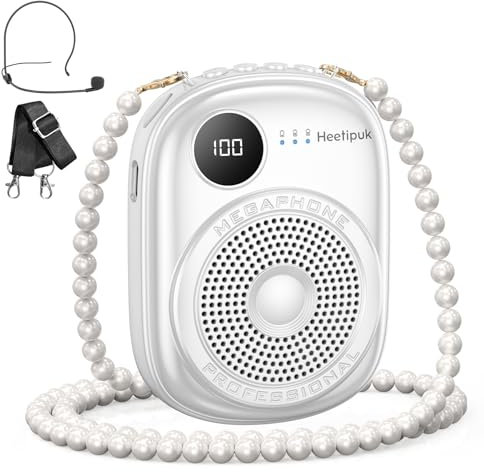 Portable Voice Amplifier Wired Microphone and Speaker,PA System Voice Amplifier with Mic Headset for Teachers,Speech,Tour Guides,Coaches,Yoga, Fitness Instructors Bluetooth 5.0 TF Card-White