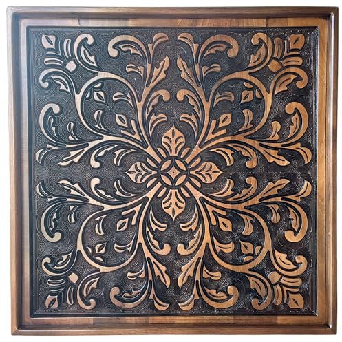 Ottoman Tray 24x24 inches Square Engraved Decorative Ottoman Tray for Living Room Non-Slip Protective Mat & Bottom Handles Color : Brown & Black