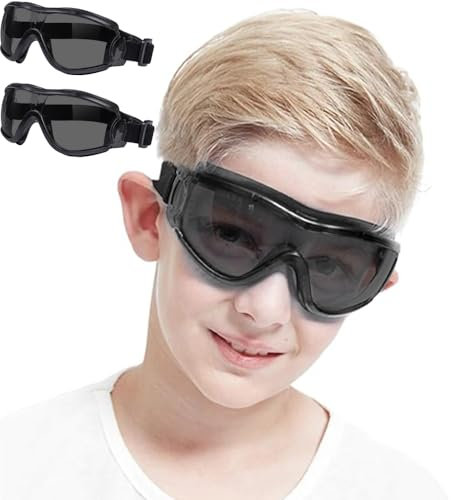 Schutzbrille Kinder für Nerf Spielen Stoßfest Gläser Beschlagfrei Verstellbarer Riemen Passform für 5-12 Jahre,Perfekt für Labor, Radfahren, Skifahren, Bergsteigen (Gefärbt schwarz+Gefärbt schwarz)