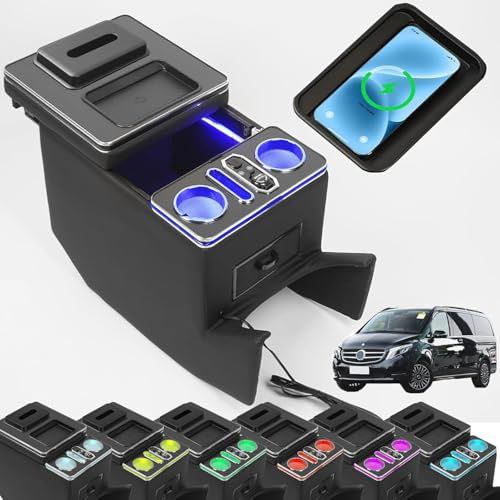 xxjolavv Armrest Box Storage Box with Wireless Charging, 7-Colour Ambient Light and 4 Brightness Levels, Suitable for Mercedes-Benz V-Class V220 V260 V250 W447 [EU Patent]