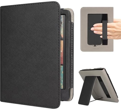 RSAquar Hülle für Kindle Paperwhite 2024 & Colorsoft Signature | Für 7-Zoll E-Reader, Vollschutz, Auto Sleep Wake, Handriemen, faltbarer Ständer, Schwarz