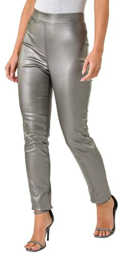 Roman Originals Faux Leather Trousers for Women UK Ladies Mat Legging Jegging Pants High Waisted Pull On Waterproof Wet Latex Imitation Coated Stretchy Jeans Tight Slimming PU - Silver - Size 14