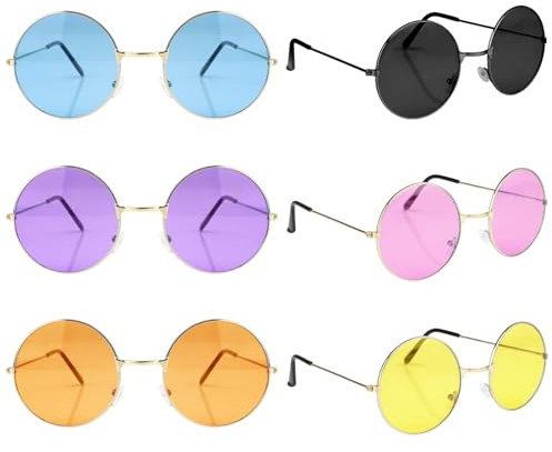 6 Paar Runde Retro Hippie Brille John Lennon Retro Sonnenbrille Vintage Rundbrille Partybrillen Herren Damen Farbige Brille für 60er 70er Jahre Party Strand Feste Kostümzubehör Geburtstagsfeier
